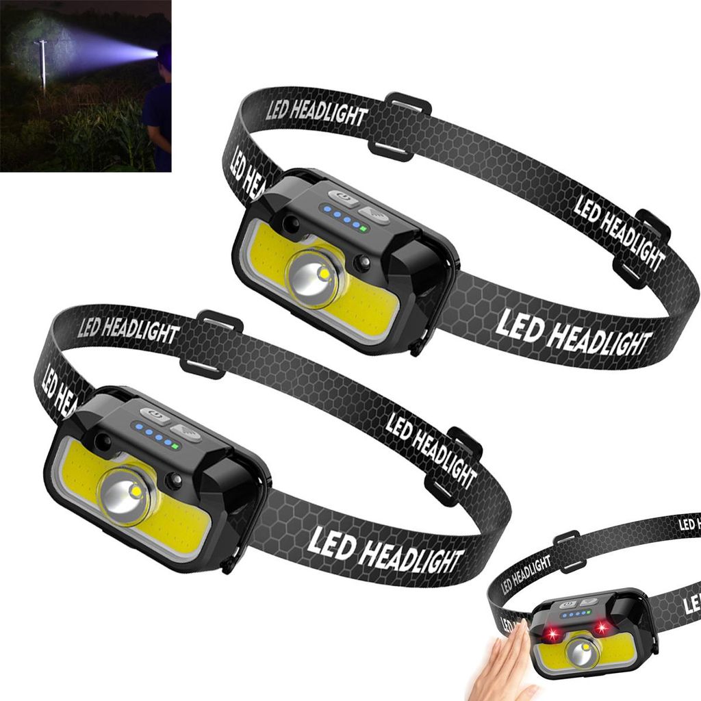 Wiederaufladbare LED-Stirnlampe,2pcs mit Sensor, 4 Modi, 360° verstellbarer Kopf, sicherer Halt – ideal zum Laufen, Joggen, Wandern und Angeln