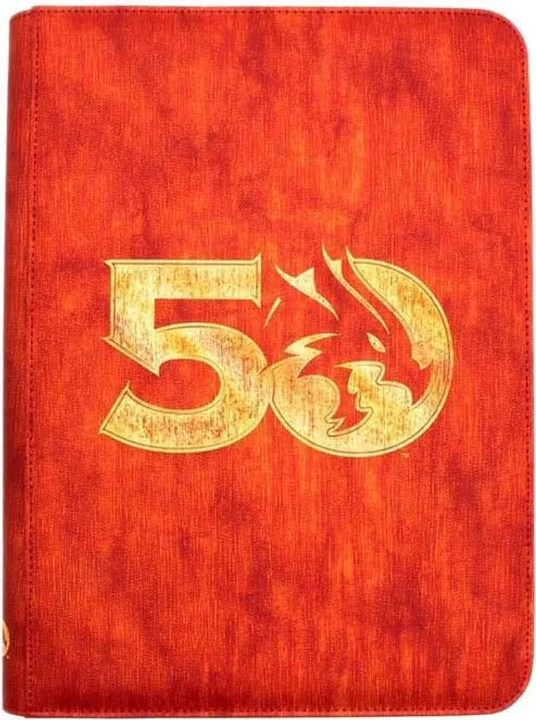 Portfolio Dungeons & Dragons 50 ans avec couverture rouge aspect cuir