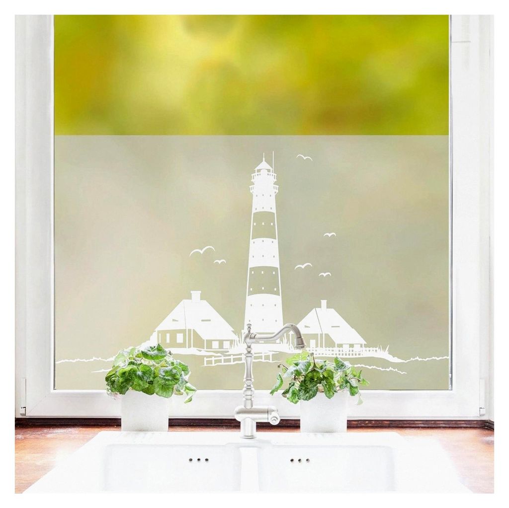 Sichtschutzfolie für Fenster mit Motiv Leuchtturm St. Peter Ording, maritime Fensterfolie blickdicht, selbstklebende Milchglasfolie, Fensterdekora...