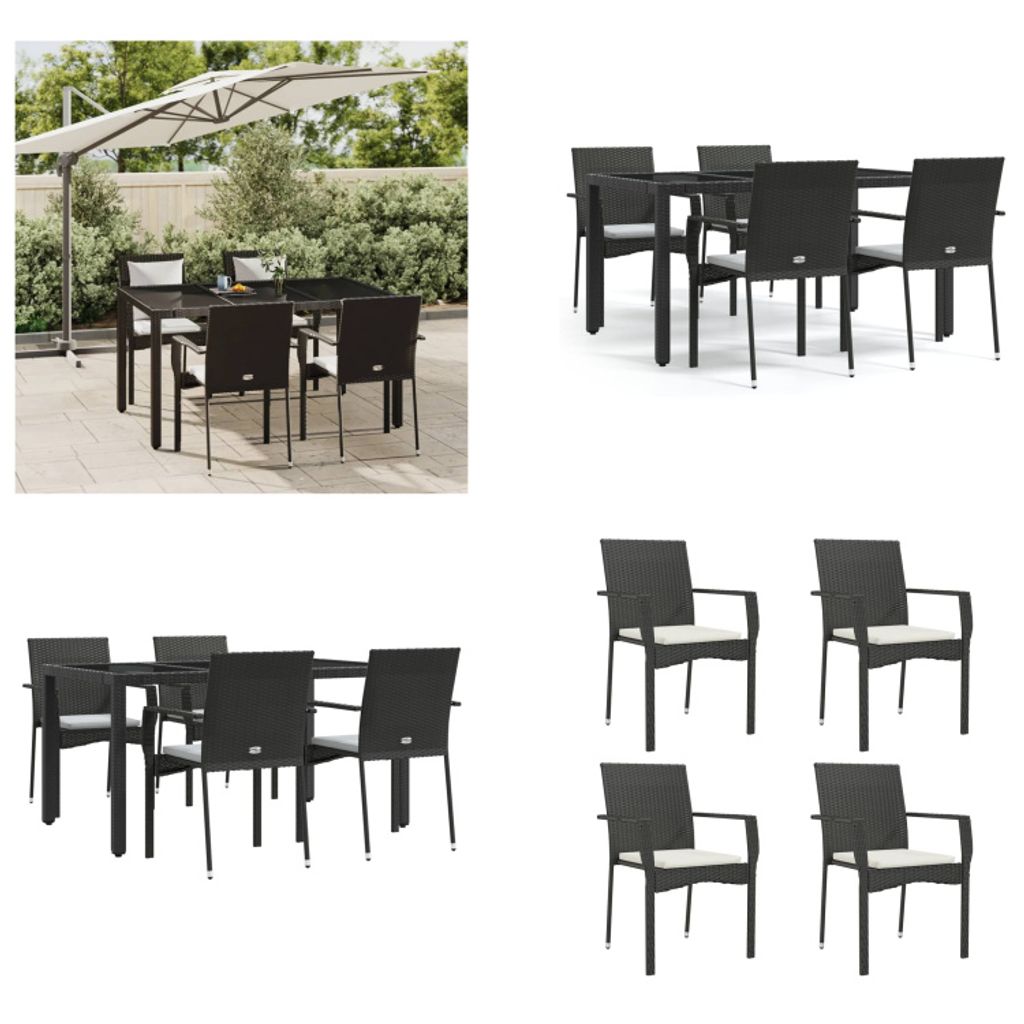 vidaXL 5 tlg. Garten Essgruppe mit Kissen Schwarz Poly Rattan - Garten Essgruppe - Garten Essgruppen - Essgruppe - Essgruppe Terrasse