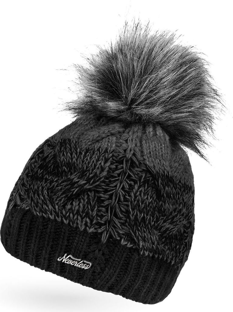 Damen Strick-Mütze gefüttert Fleece-Innenfutter Fell-Bommel Kunstfell Winter-Mütze Bommelmütze Zopfmuster mehrfarbig Neverless schwarz-dunkel...