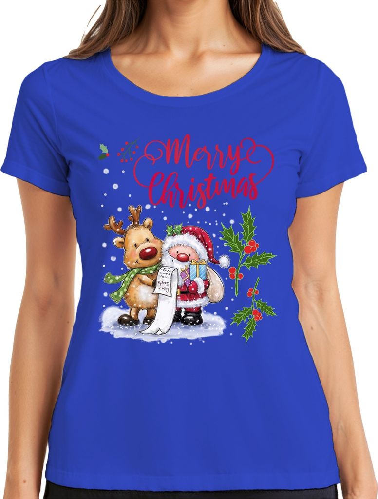 Merry Christmas Santa Rentier Wunschliste Mistelzweig - Weihnachten Weihnachtsgeschenk Damen T-Shirt, Blau, XL