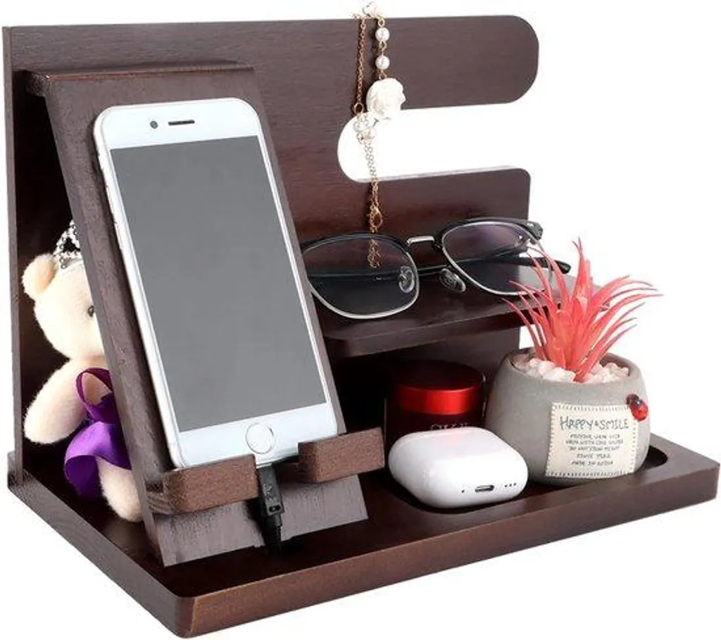 Support de téléphone en bois artisanal avec vide-poche pour accessoires