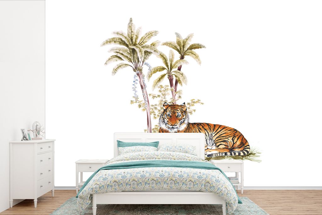 MuchoWow Fototapete für Wohnzimmer oder Schlafzimmer Wandtapete Vinyl Motivtapete Tiger - Baum - Gemälde - 600x400 cm - Vinyltapeten