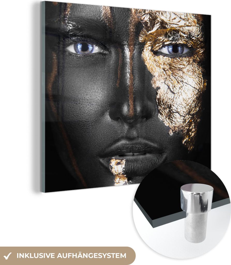MuchoWow Glasbilder - Bilder auf Wandbild - Foto auf Glas Frau - Blattgold - Schwarz - Gold - Luxus 20x20 cm Wanddekoration aus Glas - Acrylglasbil...