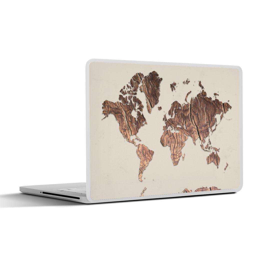 MuchoWow Laptop Aufkleber Sticker Cover Weltkarte - Holztafel - Braun 40x30 cm - Laptop Dekoration - Selbstklebend