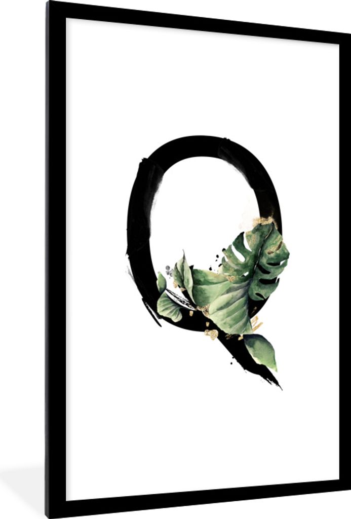 MuchoWow MuchoWow Gerahmtes Poster Schwarz - Blätter - Buchstabe Q 60x90 cm - Poster mit zchwarzem Bilderrahmen - Dekoration - Wandposter Wohn...