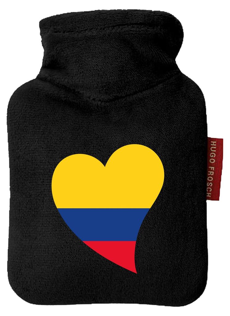 Huuraa Mini-Wärmflasche Kolumbien Flagge Herz 0,2 Liter Black Mini Veloursbezug Taschenwärmer Geschenkidee