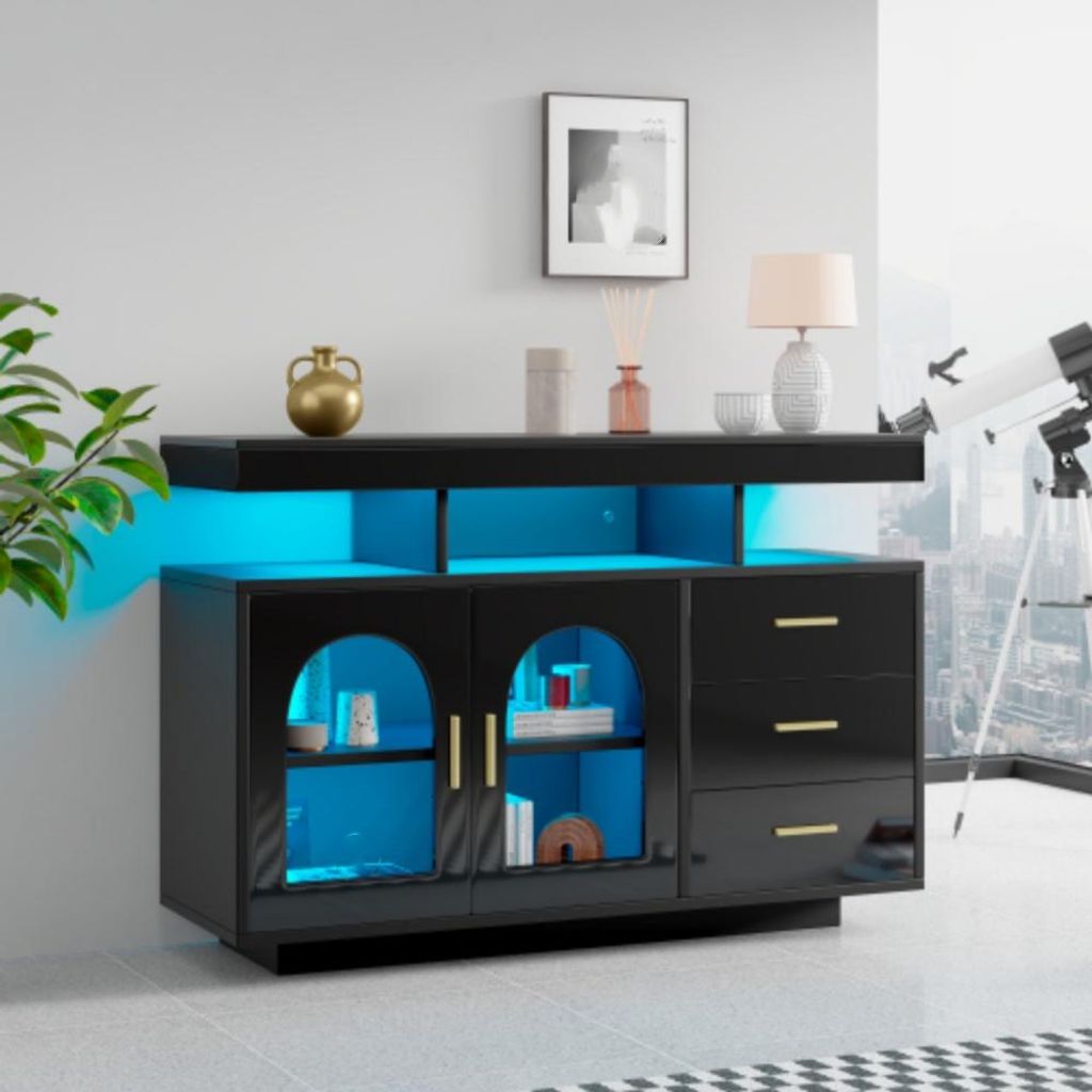 Sideboard-Buffetschrank,Kaffeebarschrank, Schubladenschrank, Kommode, Küchenschrank mit 16-Farben-Lichtern 120 cm