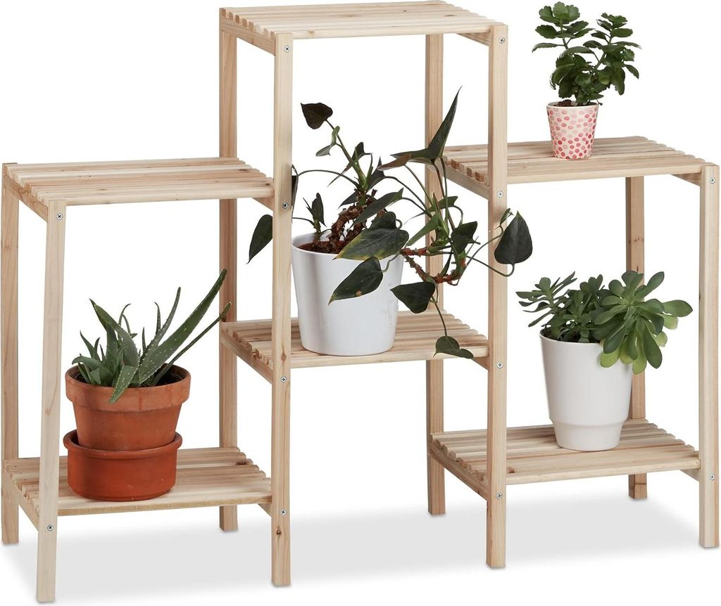 Pflanzenregal aus Holz für drinnen - Stabiles Pflanzenetagere/Blumenregal/Pflanzenleiter - Abmessungen: 70 x 89 x 27 cm - Natur