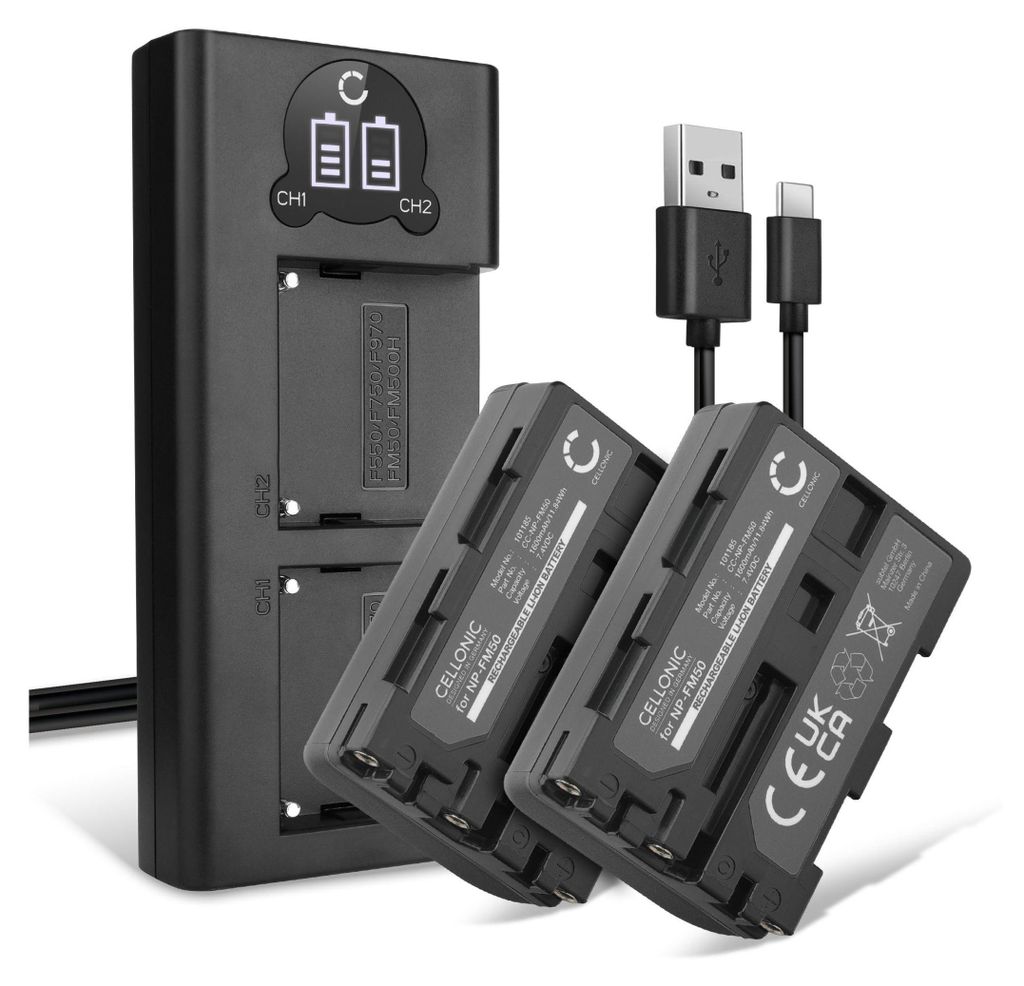 CELLONIC 2x Akku für Kamera Kompatibel mit Sony CCD-TRV106, CCD-TRV107, CCD-TRV108, NP-FM50 - (1600mAh, 7.4V) + Dual Ladegerät