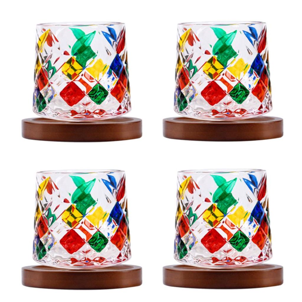 4PCS Drehbares Whiskyglas, Klassisches Whiskyglas, Mit Untersetzer, Wirkt stress- und angstlösend, Das perfekte Geschenk für Männer.