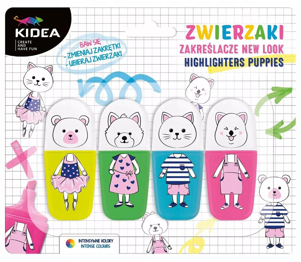 Kidea Textmarker „Tiere“, 4 Stück, neonfarben