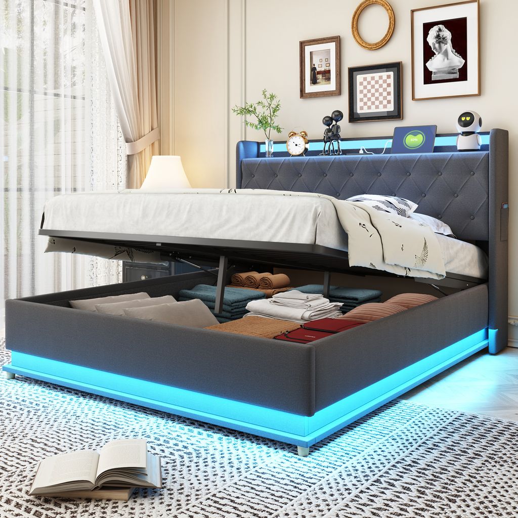 A modern upholstered bed with storage, illuminated by blue LED lights, is shown in a bedroom setting.