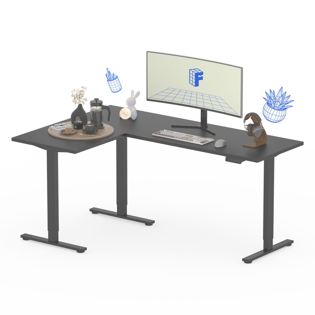 A black L-shaped standing desk with a computer monitor, keyboard, mouse, and decorative items.