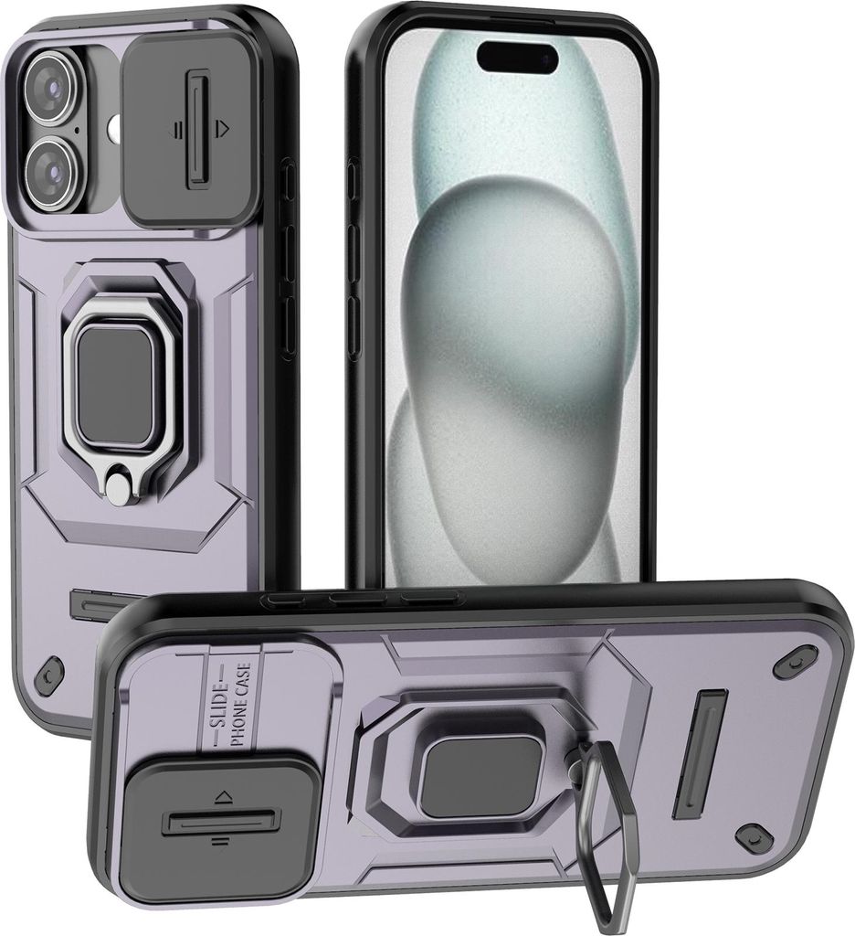 Hülle für iPhone 17 Dual Layer Handyhülle Schiebe Kamera Schutz und Ringhalter Ständer Lila