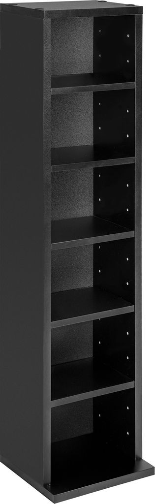 A tall, narrow, black CD/DVD storage shelf with multiple compartments.