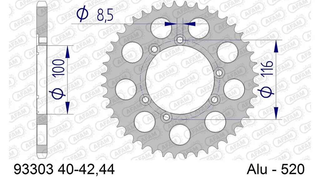 Couronne Alu AFAM 520 - 41 Dents Argent 93303-41 ID 100 LK 116 Moto