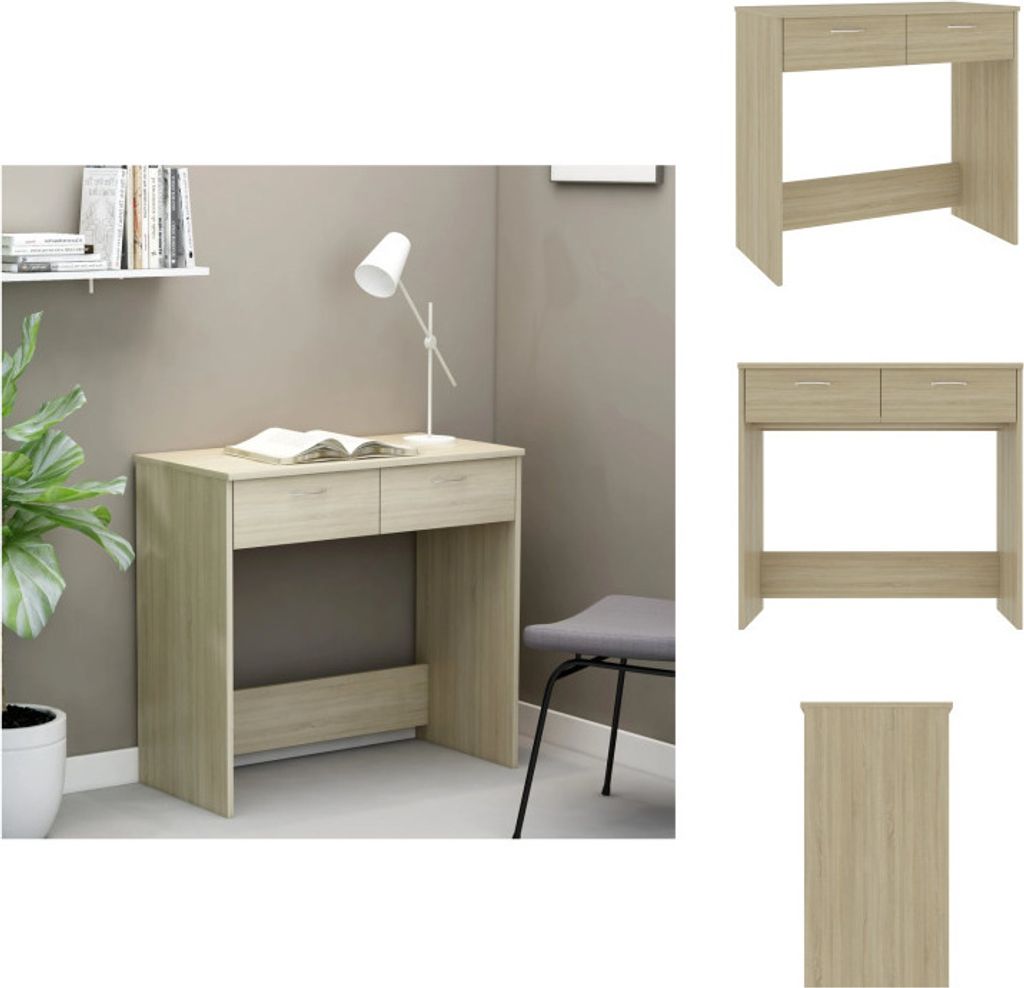 A collage of images showing a light brown wooden desk with drawers, presented from different angles and in a room setting.