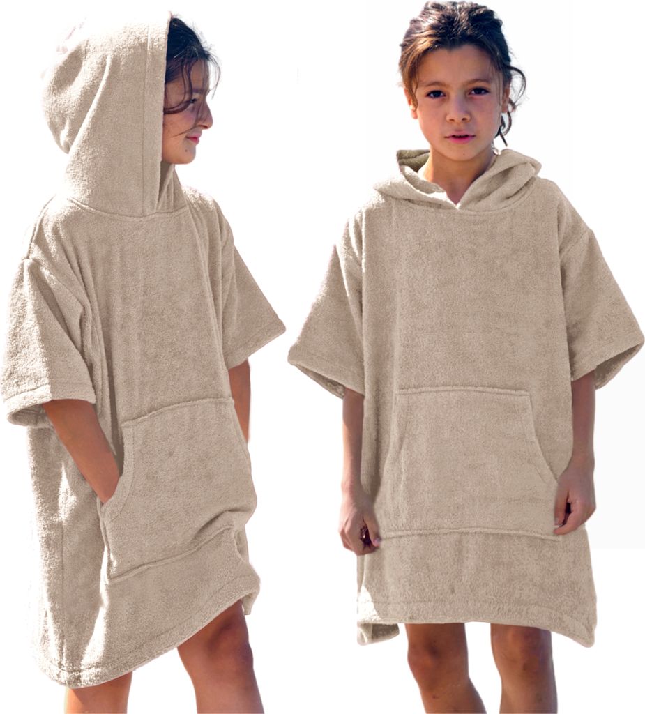 Frottee Badeponcho Kinder Mädchen Jungen 100% Baumwolle Bademantel Surfponcho Handtuchponcho Ponchos Beige 3-5 Jahre (104-116)