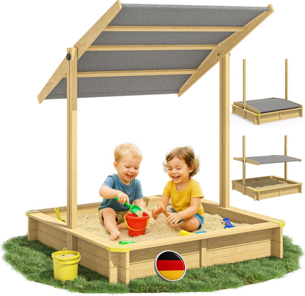 SPIELWERK Sandkasten Samu Sonnendach 120x120cm naturbelassenes Holz Füllstand Skala UV 50 Kantenschutz Bodenvlies Sandspielzeug Kinder Sandbox S...