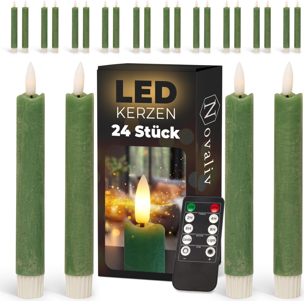 LED Stabkerzen 24 Stück ECHTWACHS Grün - mit Timer Funktion 6 Stunden - 18cm Höhe für Kerzen 2,2cm Durchmesser 2 AAA Batterien notwendig LED St...