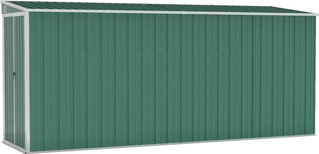 A green metal shed with a silver trim and roof, shown from the front.