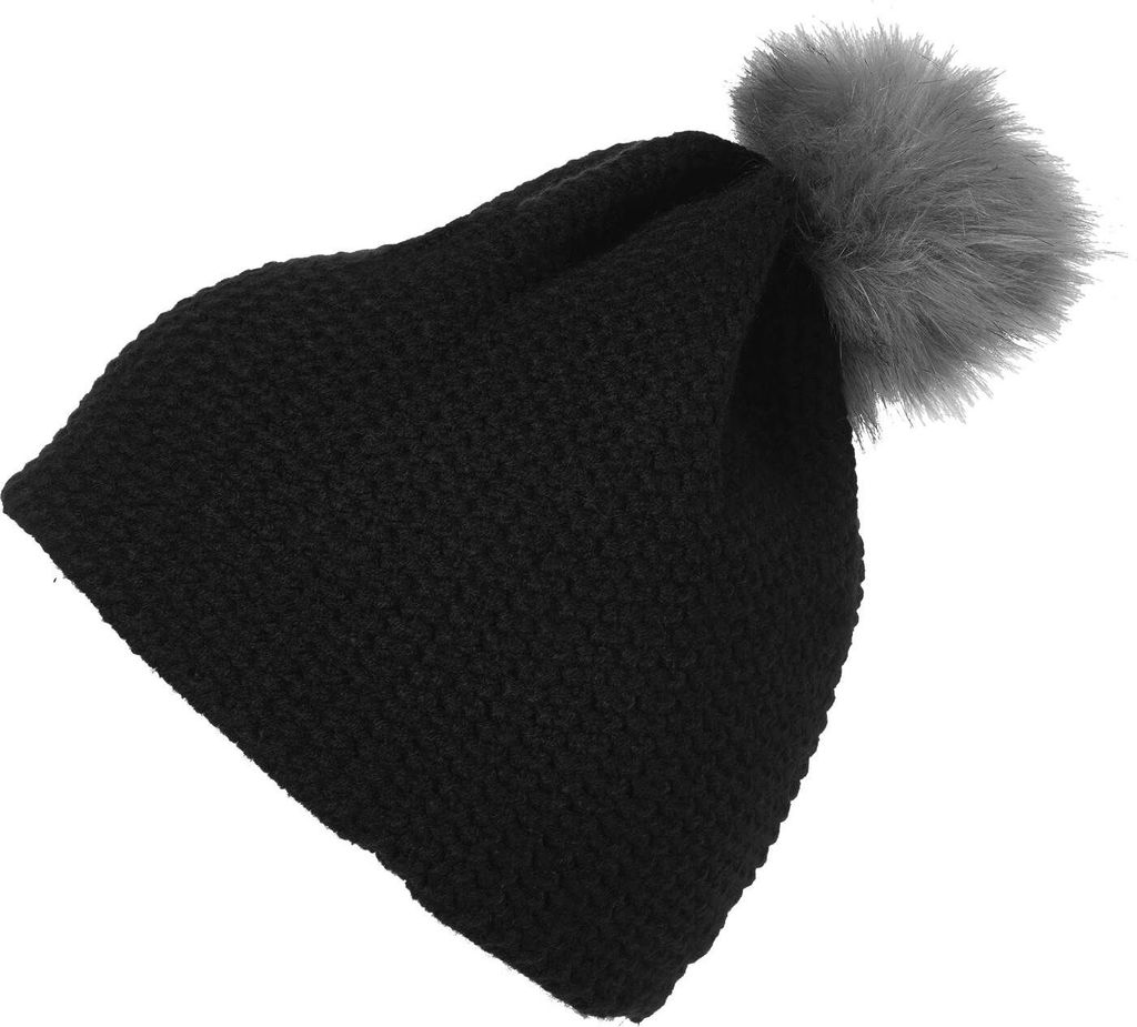 Damen Häkelmütze Wintermütze Fell-Bommel Bommelmütze Pudelmütze Neverless schwarz unisize