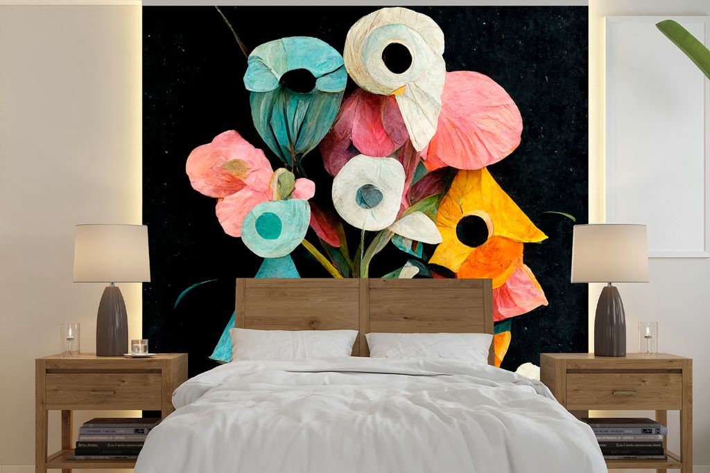 MuchoWow Fototapete für Wohnzimmer oder Schlafzimmer Wandtapete Vinyl Motivtapete Blumenstrauß - Vase - Blumen - Farben - 300x300 cm - Wanddeko...