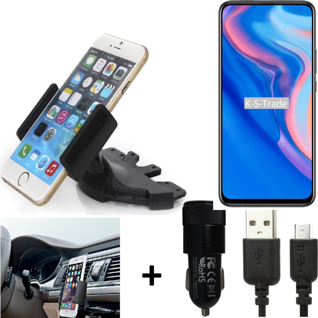 TOP SET K-S-Trade Autohalterung kompatibel mit Huawei P Smart Z CD Schlitz Halterung KFZ-Halter Radio Handy Halterung 360° drehbar DVD-Schacht inkl.