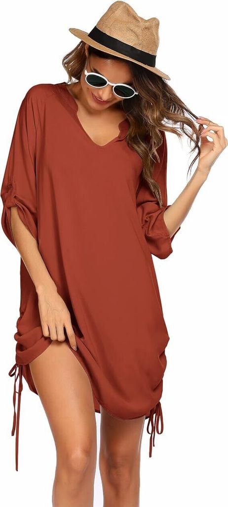 Damen Bikini Cover Up Strandkleid Sommerkleid Strandkleid Damen Shirt Strandponcho 3/4 Ärmel