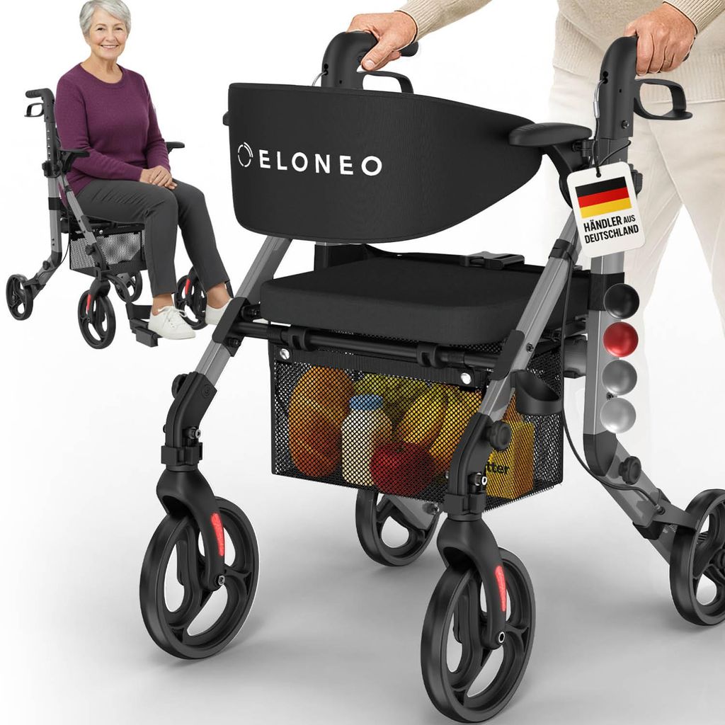 ELONEO 2in1 Rollstuhl Rollator faltbar und leicht mit Sitz, Produktbild 