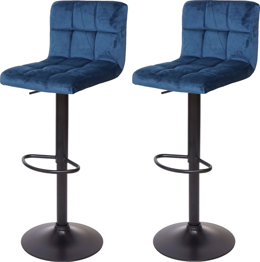 Two blue velvet bar stools with black bases and adjustable height.