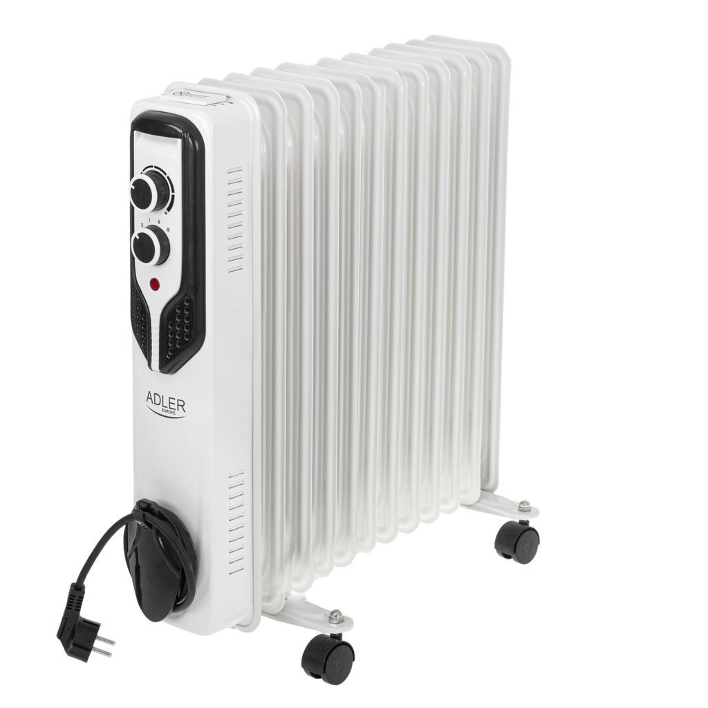 A white oil-filled radiator with black controls and wheels, shown on a white background.