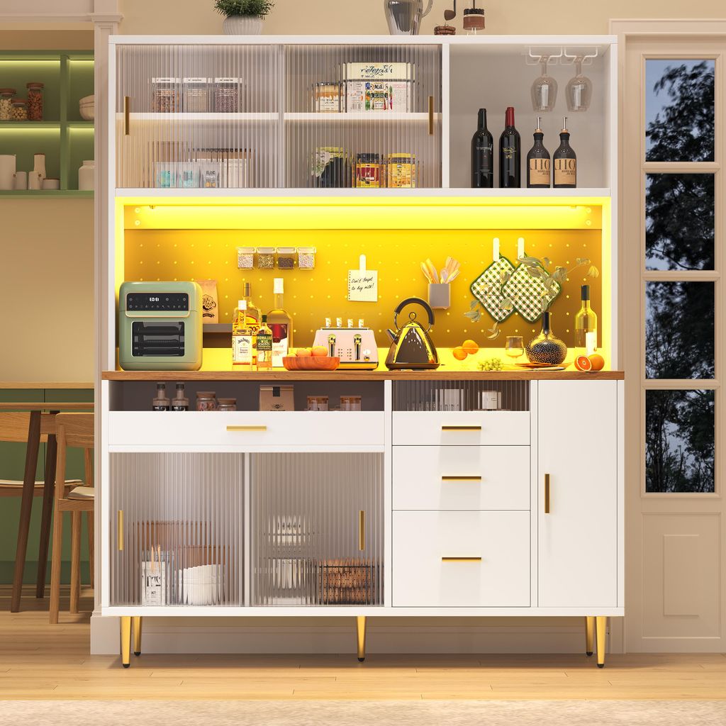 Flieks Küche Hochschrank mit Led, Küchenbuffet Küchenschrank mit Lochwandregalen und Glashalter, Highboard 145x39x171 cm, Weiß