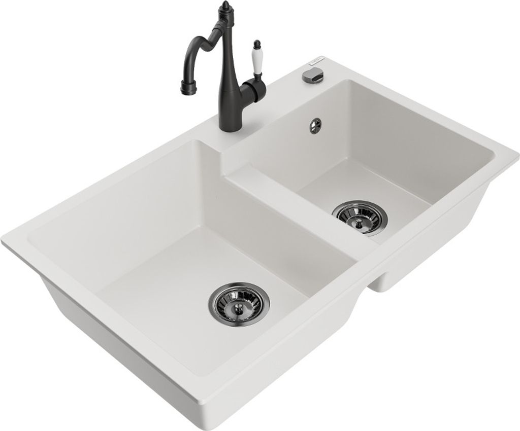 Mexen Tomas 2-Becken-Granitspüle mit Mischbatterie Carla, Weiß - 6516-20-670700-70