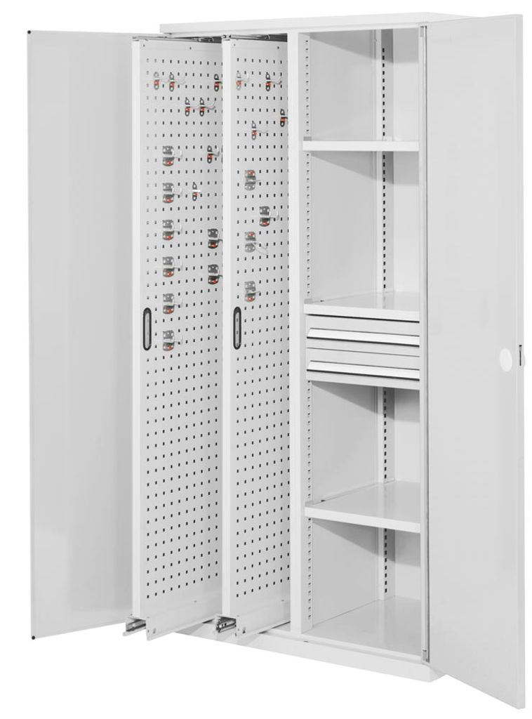 Schwerlastschrank, Vollblechtüren, 2 Vertikalauszüge, 3 Fachböden, 2 Schubl. BxTxH 1000x600x1950 mm, RAL 7035