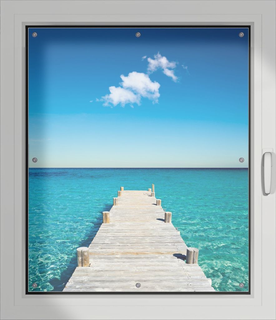 Wallario Lichtschutzbild, Dekorativer Sichtschutz Sonnenschutz 96 x 115 cm mit Motiv: Steg am tropischen Meer - Verdunklung ohne Bohren
