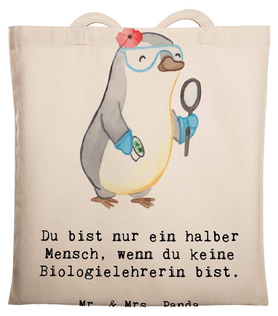 Mr. & Mrs. Panda Tote Bag Biologielehrerin Herz - Transparent - Geschenk, Biologie, canvas tasche, Grundschule, Lustig, Schultasche, Uni, Laptoptas...