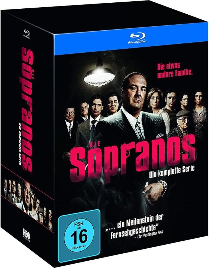 A Blu-ray box set for 'The Sopranos' series, featuring the main cast.