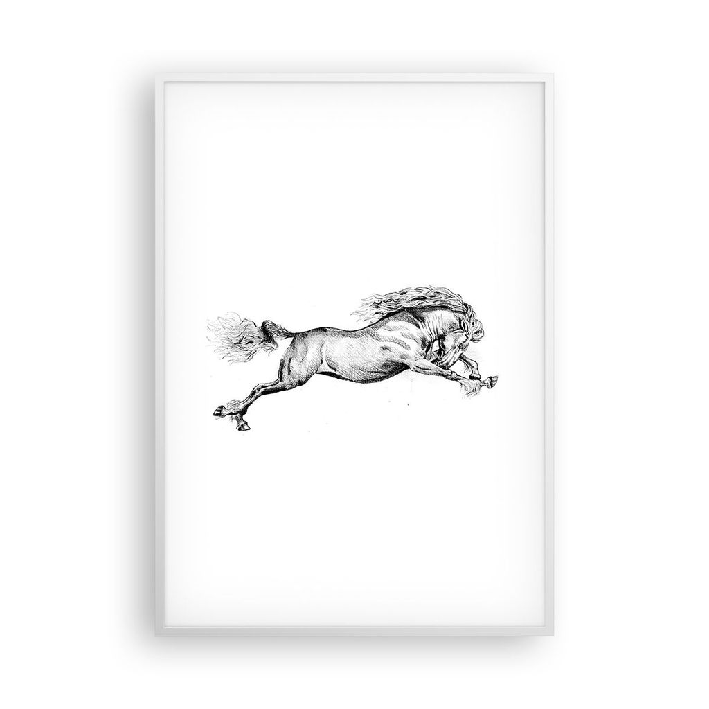 Gerahmtes Poster - Weißer Rahmen - Pferd Zeichnung Bleistift - 70x100 cm - Wand Bild - Wanddeko - Wandbilder - Kunstposter - Wandposter - Bilderra...