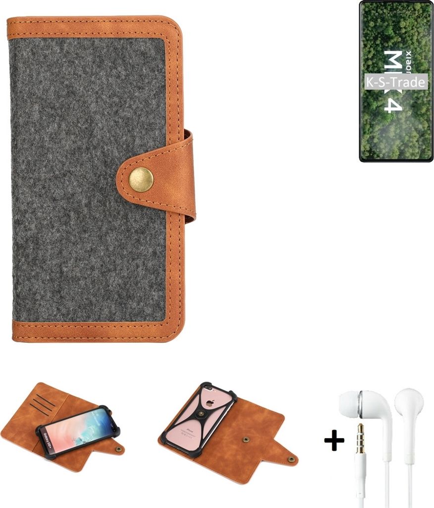 K-S-Trade Handyhülle + Kopfhörer kompatibel mit Xiaomi Mi MIX 4 Schutzhülle Filzhülle Kunstleder dunkelgrau braun (1x)