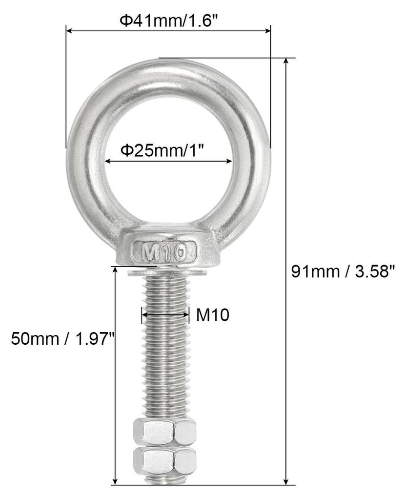 Ringschraube, 2er Pack M10x50 304 Edelstahl Augenschrauben Gewindeschraube Augbolzen Schulterring mit Muttern Unterlegscheiben