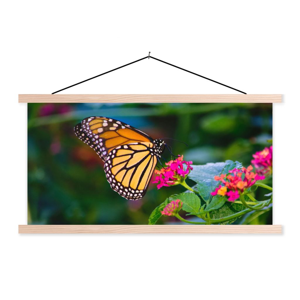 MuchoWow Textilposter Schmetterlinge - Blume - Natur 120x60 cm mit holzfarbenen Rahmen - Klemmleiste