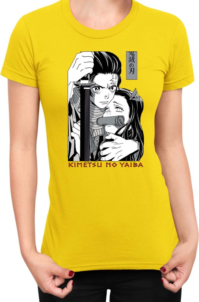 Damen T-Shirt Demon Anime Slayer Kimetsu No Yaiba Tanjiro Nezuko Kamado 003, Lady S / Gelb
