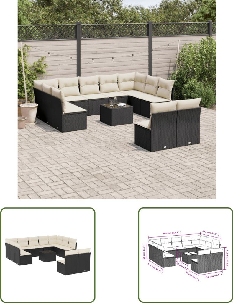 The Living Store 12-tlg. Garten-Sofagarnitur mit Kissen Schwarz Poly Rattan