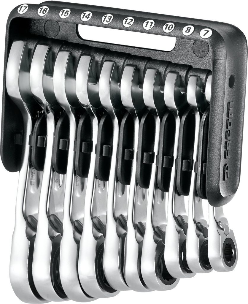 A set of wrenches in a black holder.