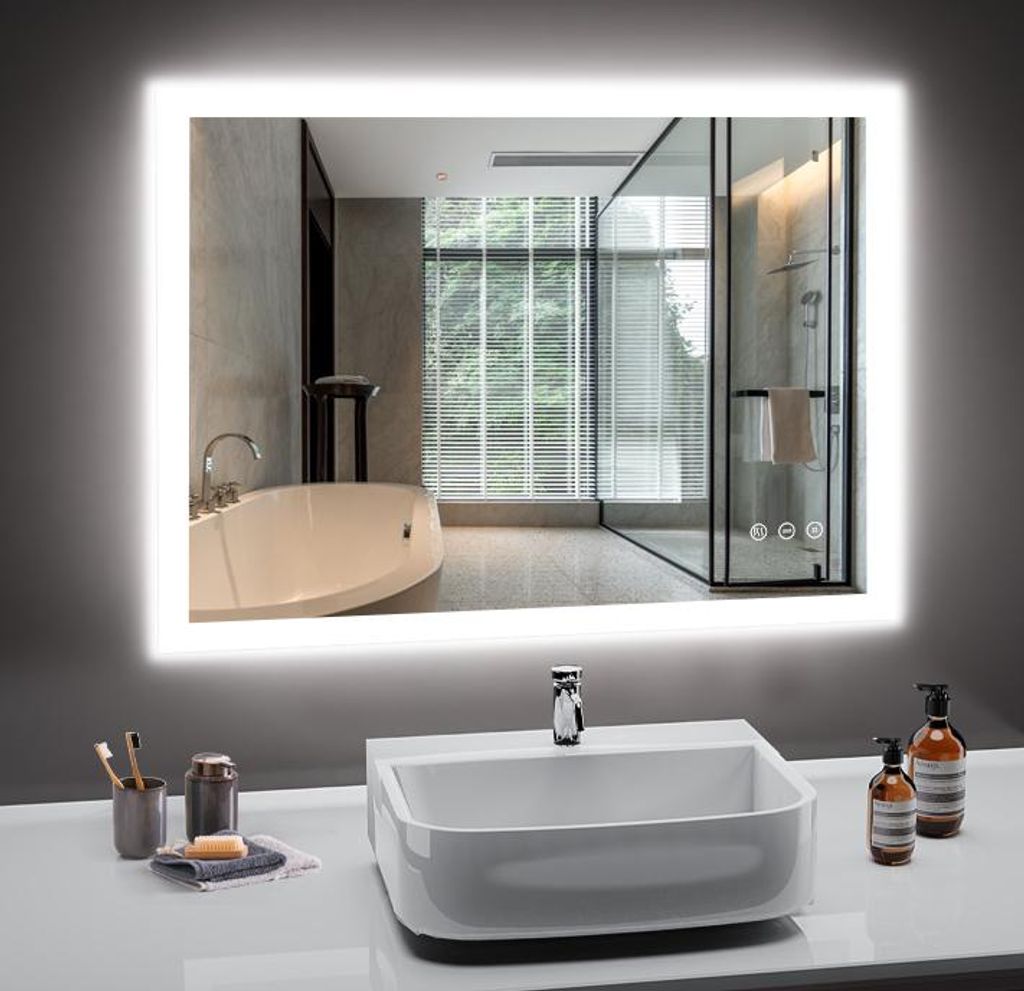 PESENXAN LED Spiegel Bad 80x60cm, Badspiegel mit Beleuchtung 3 Lichtfarbe Dimmbar, Anti-Beschlag Funktion, Spiegel Bad mit Beleuchtung Touch-Schalt...