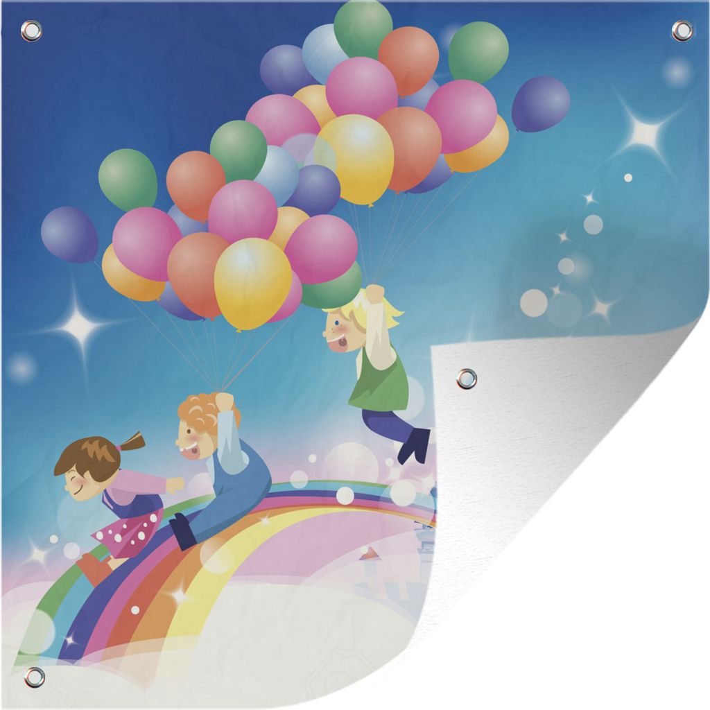 MuchoWow 50x50 cm Outdoor-Poster Gartendeko Sichtschutz Garten Poster für den Garten Eine Illustration eines Mädchens mit Luftballons in Regen...