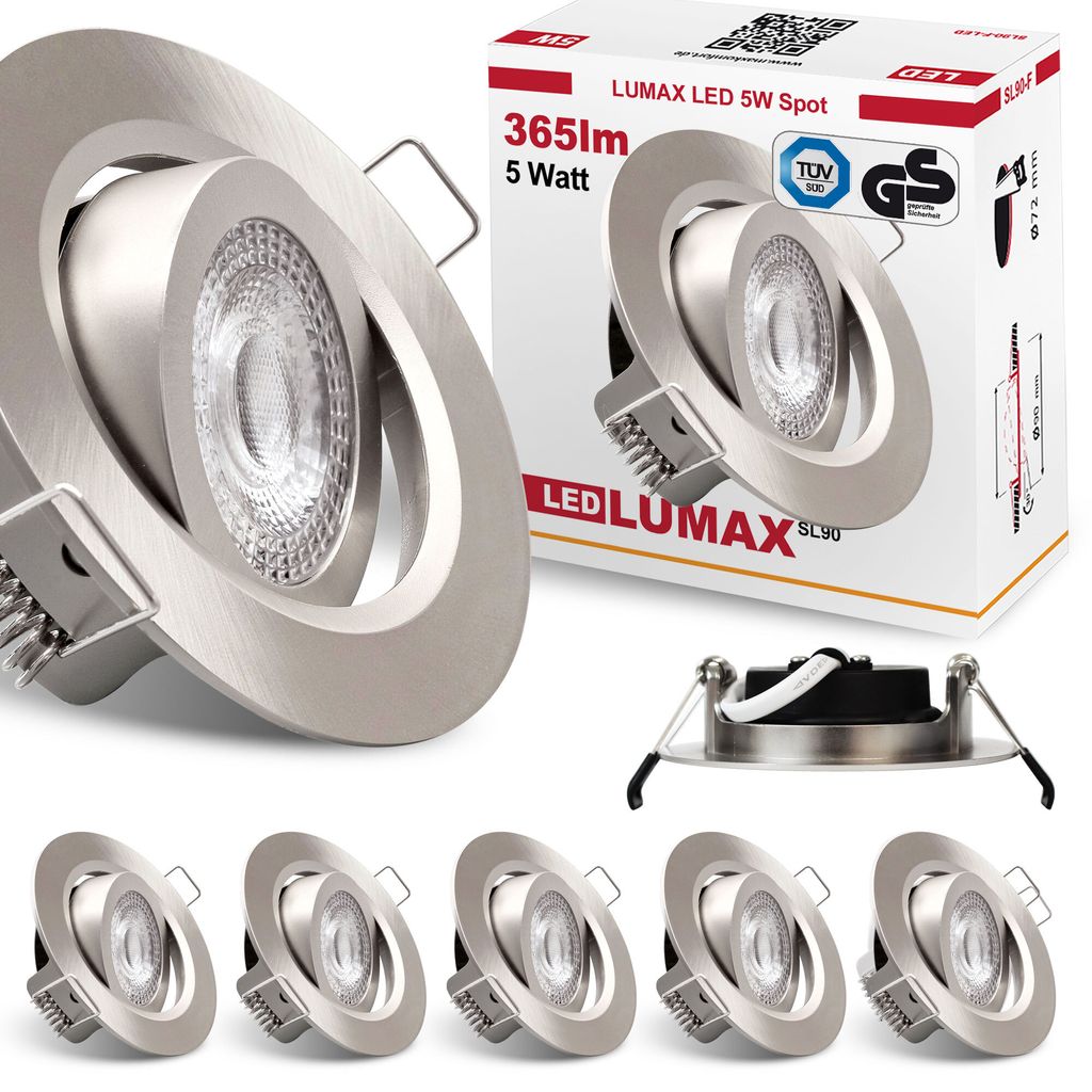 6x LED Einbaustrahler dimmbar Ultra Flach 5 Watt Eisen Gebürstet schwenkbar 230V Rund warmweiß IP20 Deckenstrahler Spot Deckenspot Lumax SL-90